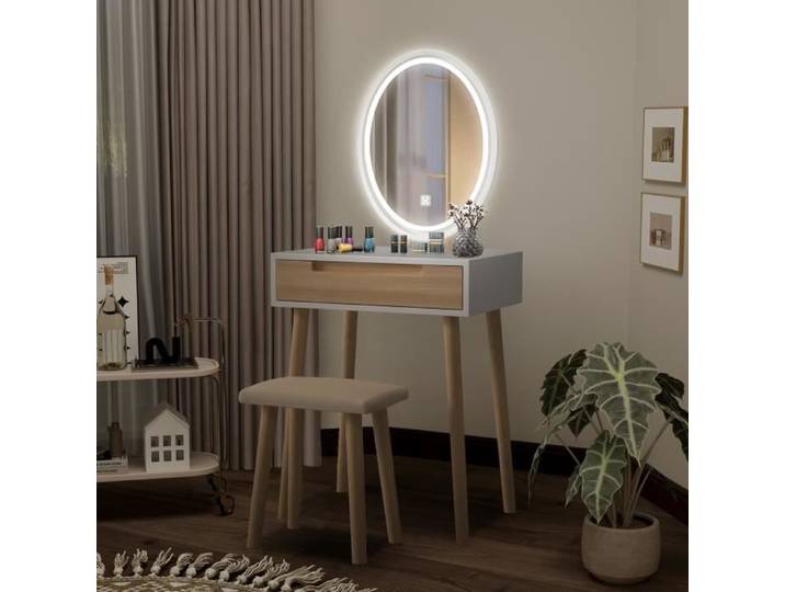 Coiffeuse Led Table De Maquillage Avec Tabouret Miroir Ovale + 1 Tiroir Bois Style Moderne
