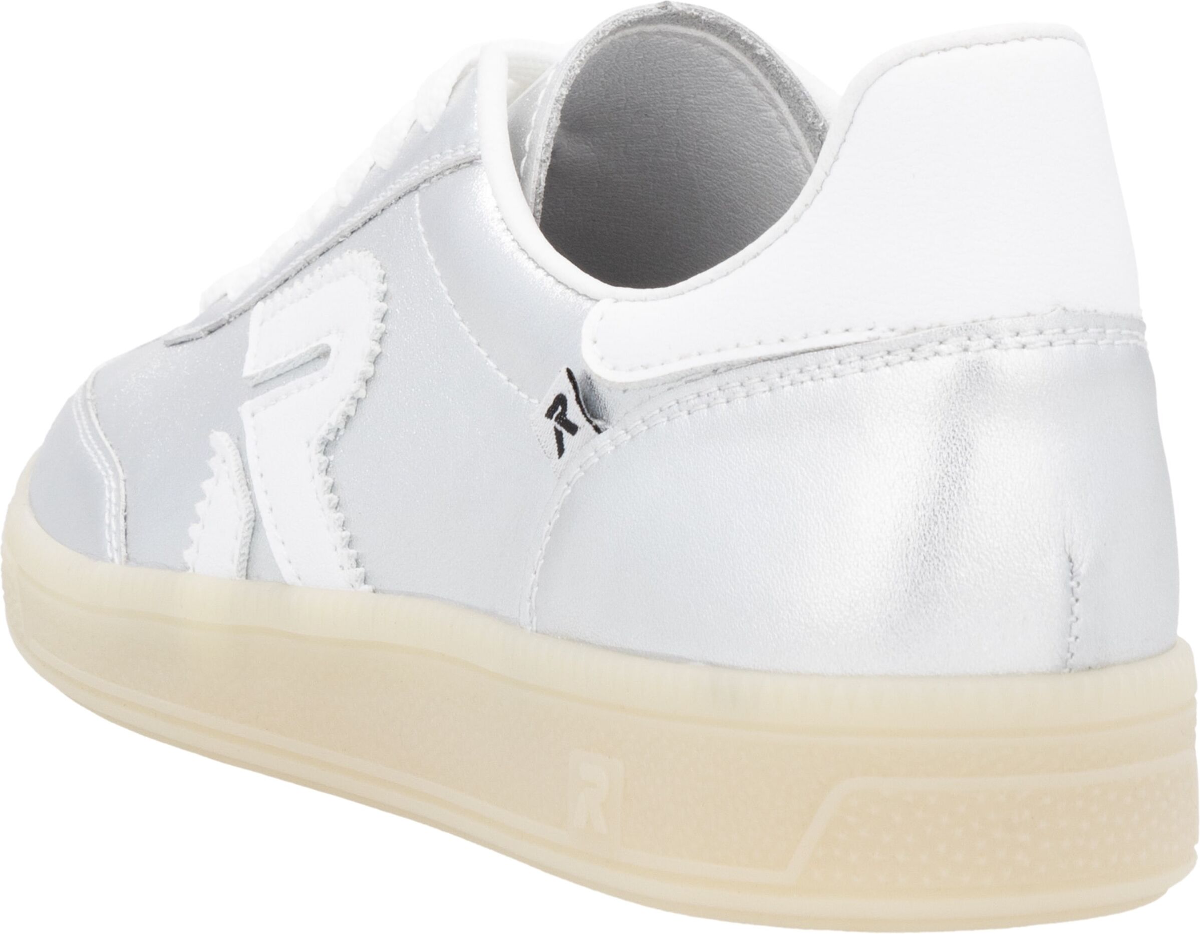 Sneaker RIEKER "San Diego Swing2GO", Damen, Gr. 37, Synthetik Textil, bunt (silberfarben, weiß), Leder, metallic, Schuhe Sneaker, Retro-Sneaker, Freizeitschuh, Halbschuh mit herausnehmbarem Fussbett silberfarben, weiß 37, Synthetik Textil