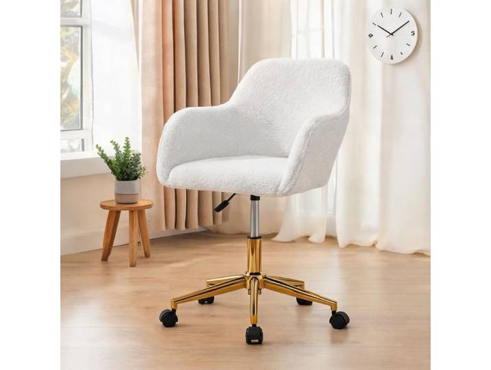 Fauteuil de bureau design en tissu Teddy soft beige piètement doré hauteur réglable 58x58x86 cm