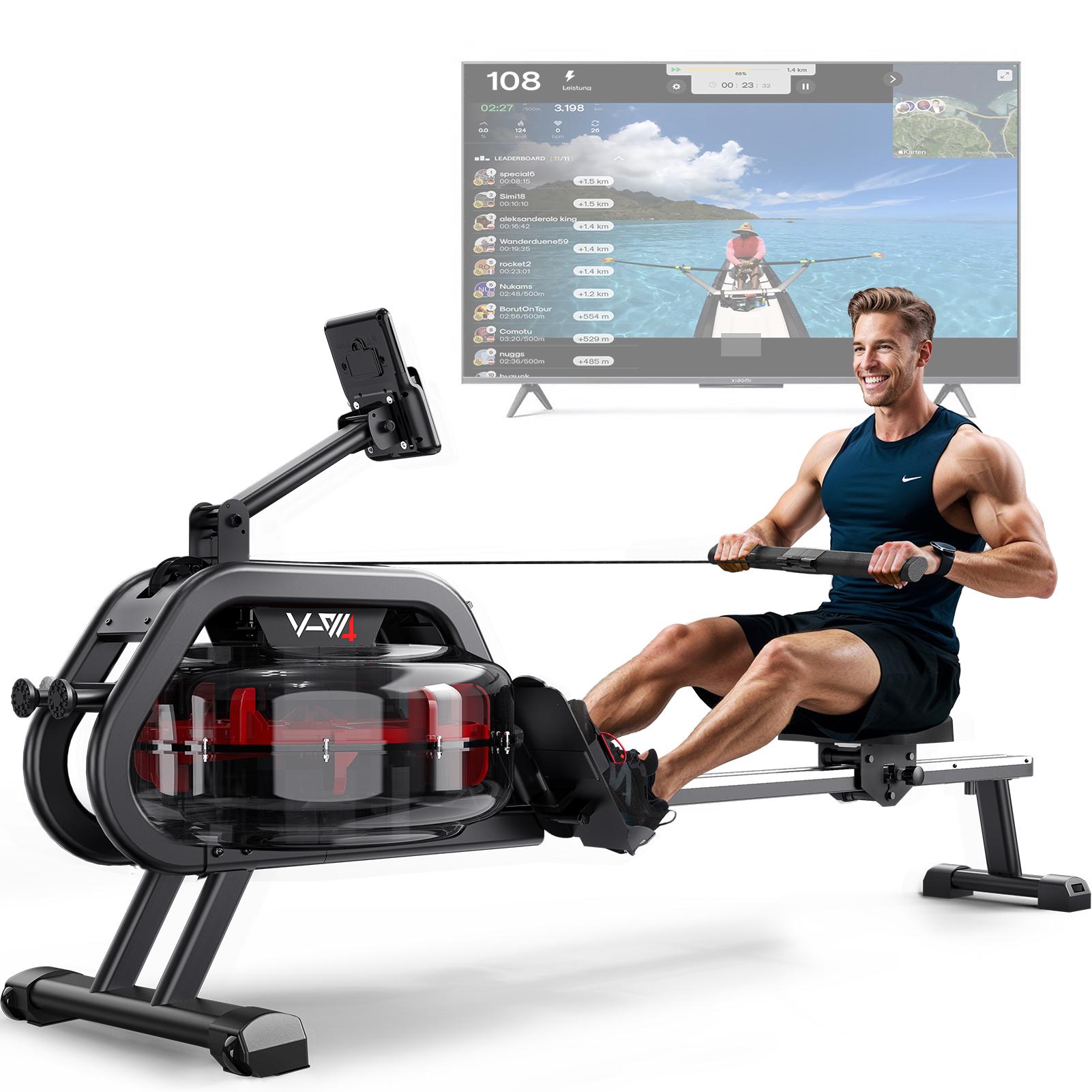 VOWVIT Wasser-Rudergerät mit Bluetooth, leise, 6 Stufen, 160 kg, 3 Rollen, Tank, bis 210 cm
