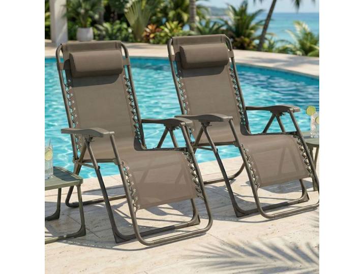 CASABEL lot de 2 chaises pliantes Zéro Gravité taupe fauteuils extérieurs inclinables et confortables en Acier et toile Textilene