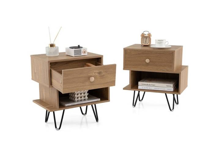 COSTWAY Lot de 2 Table de Chevet avec Tiroir 4 Pieds en Métal Surélevés Compartiment Design Irrégulier pour Chambre Salon