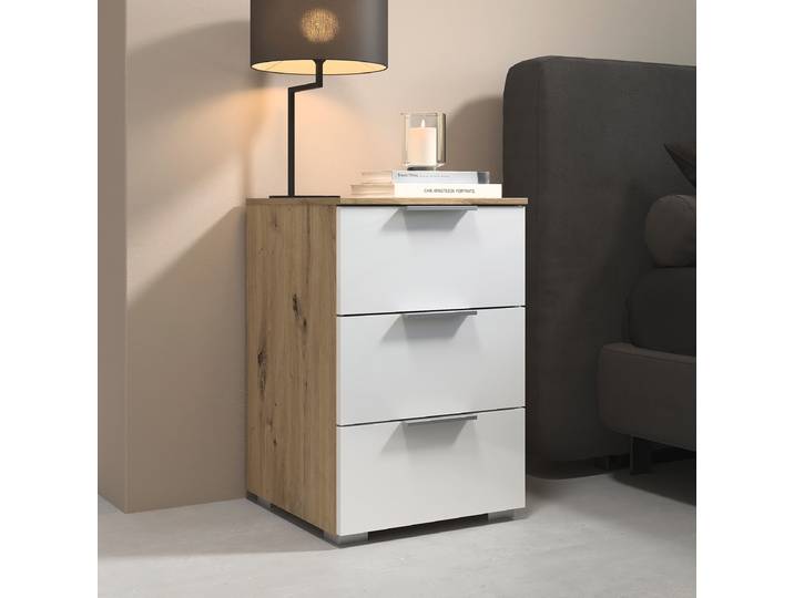 Nachtkommode 61cm 2er Set Holz/Weiß/Hochglanz Weiß/Eiche Artisan Dekor Aluminium