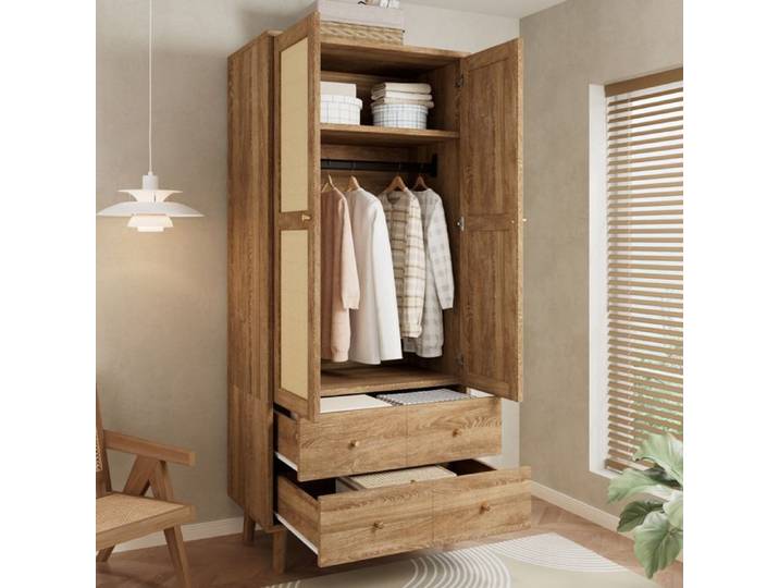 Meuble armoire de chambre en rotin 80x50x180 cm bois foncé Style Scandinave penderie étagères et 2 tiroirs style bohème