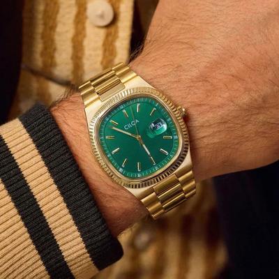 Fashion Sheath Square Retro Watch For Men Stainless Steel Waterproof Quartz Timepiece 518golden green