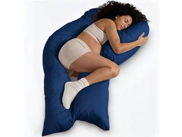 Traumreiter Schwangerschaftskissen Visco L langes Wendekissen Memory Foam [orthopädisch] + Watte Seite Schwangerschaft Kissen zum Schlafen, Stillkissen Kissen, Komfortkissen mit Bezug Blau Deluxe