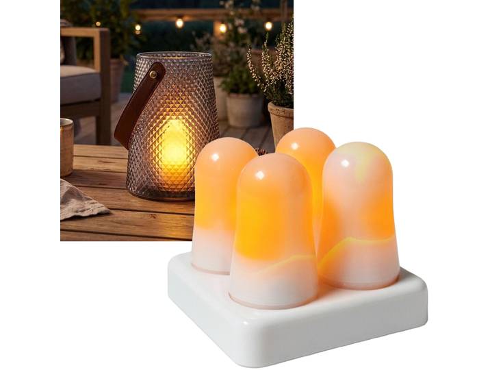 4er-Set wiederaufladbare LED Teelichter mit Ladestation, Ø4 x H6,5 cm