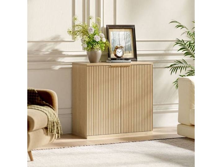 Buffet bas - SOGEU - 60x30x70 cm - Façade plissée verticale - Décor chêne clair - Poignée métal doré en L