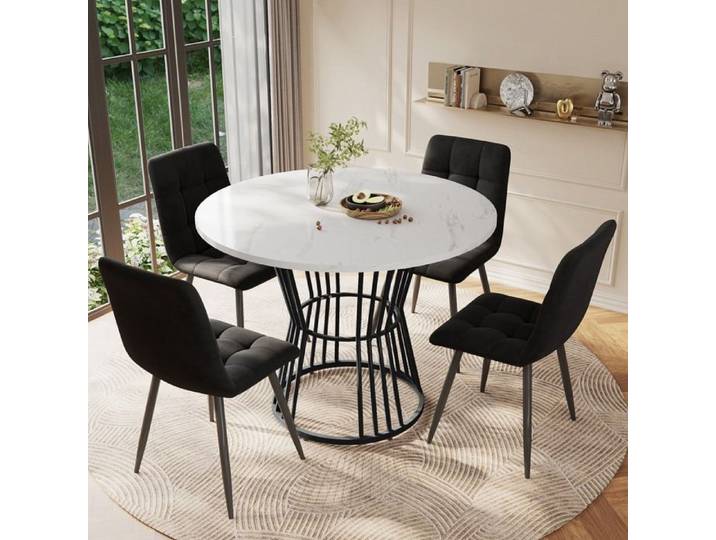 Kit table à manger (5 pièces) Chaises de salle à manger en velours noir Plaque de table MDF blanche Kit de cuisine