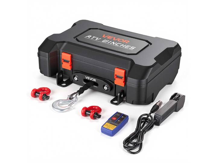 Vevor Treuil Portable 12 V Cc 1587 Kg Treuil Electrique Corde Synthetique\, Pour Quad\, Telecommandes Sans Fil Et Filaire\, Kit De Recuperation En Boitier Avec Guide-cable\, Sangle Et Crochet A Manille