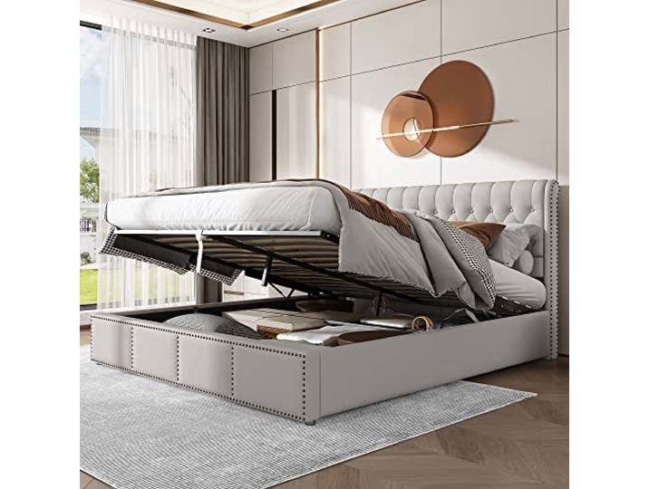 SOFTWEARY Polsterbett mit Lattenrost und Bettkasten, Doppelbett mit gepolstertem Kopfteil, Stauraumbett, Bezug aus Leinen