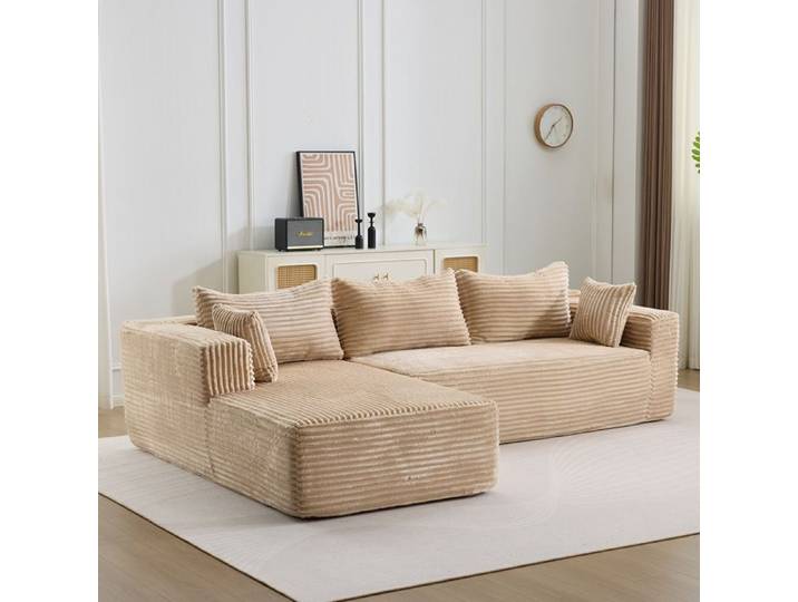Canapé d'angle 279x179x83cm velours côtelé beige - Canapé Modulable - 4 places sans armature sans montage assise profonde