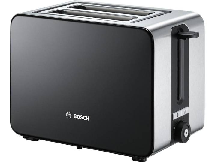 BOSCH Toaster ComfortLine TAT7203, integrierter Edelstahl-Brötchenaufsatz , grau (schwarz, edelstahlfarben), B:15,5cm H:18,4cm T:29,2cm, Toaster, Abschaltautomatik, Auftaufunktion, Edelstahl/schwarz, Toaster