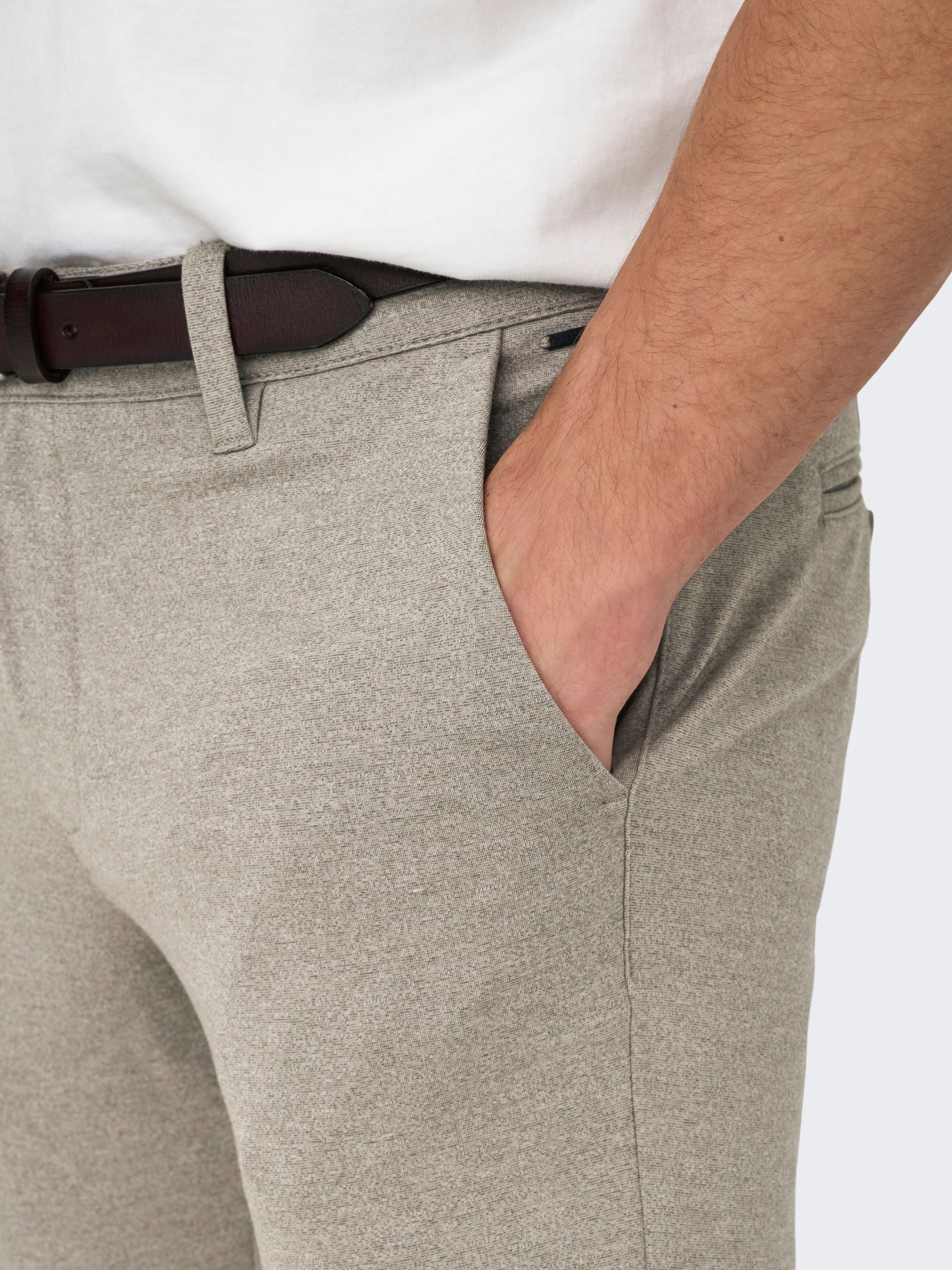 Chinohose ONLY & SONS, Herren, Gr. 30, Länge 32, beige (fallen rock), Web, Obermaterial: 64% Viskose, 31% Polyester, 5% Elasthan, slim fit knöchellang, Hosen Chinohose, mit geschlossenen Gesässtaschen fallen rock 30, Länge 32