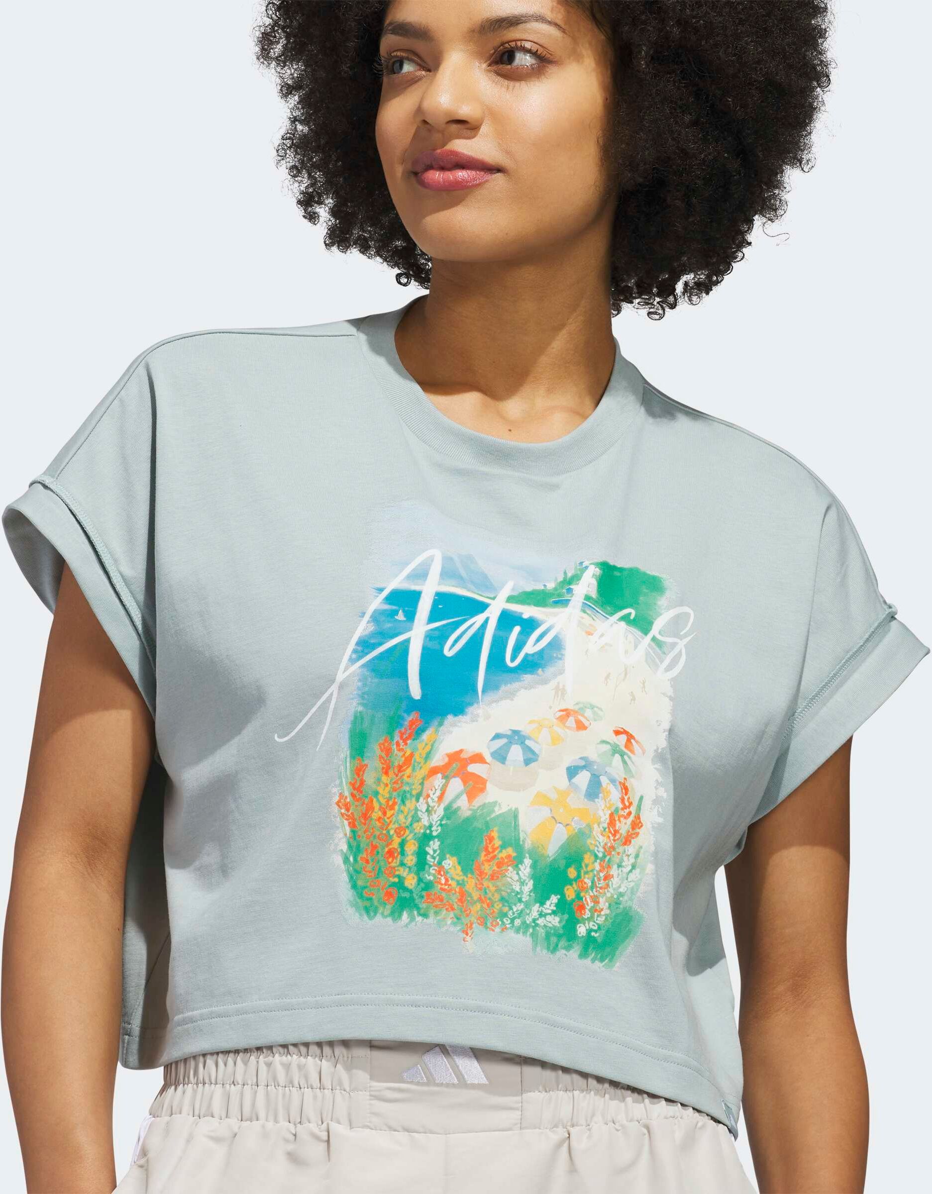 T-Shirt ADIDAS SPORTSWEAR "SUMMER ROMANCE GRAPHIC", Damen, Gr. S, grau (wonder sage), Obermaterial: 100% Baumwolle, Rundhals, Shirts T-Shirt