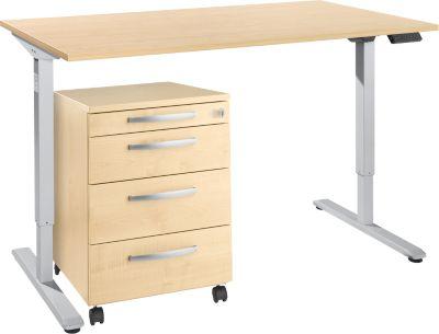 Schreibtisch, elektrisch höhenverstellbar, T-Fuß, H 755-1255 mm, Ahorn/weißaluminium + Memorybedienpanel, Kabelkanal, Rollcontainer