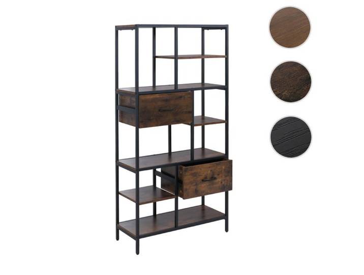 Étagère HWC-P11 étagère bibliothèque étagère sur pied tiroirs MDF industriel métal mélamine 150 x 81 x 33 cm ~ brun foncé