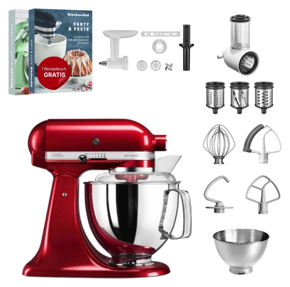 KitchenAid 4,8 L 5KSM175 Artisan Küchenmaschine Set 3 Gemüseschneider+Fleischwolf+Spritzge Liebesapfelrot