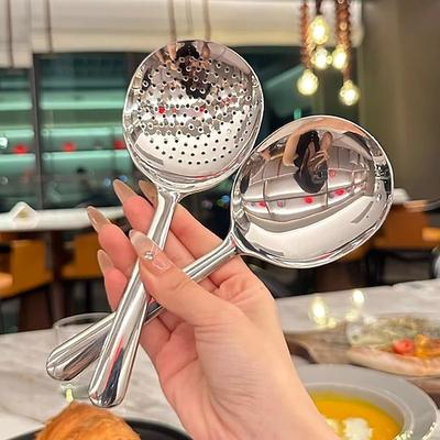 2 Edelstahl-Schöpfkellen zum Servieren von Suppe und Reis, mit Abflussloch, hitzebeständigem Griff und für den täglichen Gebrauch.