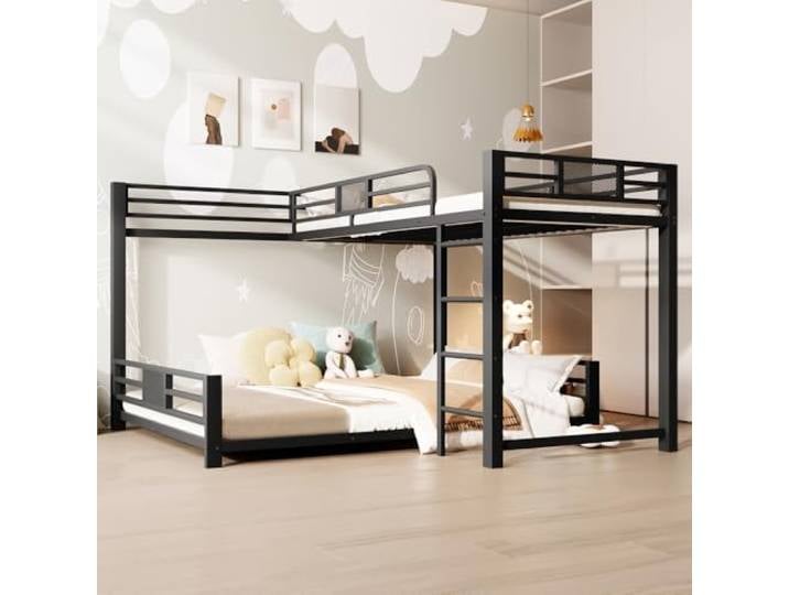 I0I&I0I Stabiles L-förmiges Etagenbett Aus Metall 90x200 140x200 cm Platzsparendes Hochbett Für Kinder Und Geschwister Bettrahmen (Black + Metal + 140cm*200cm)