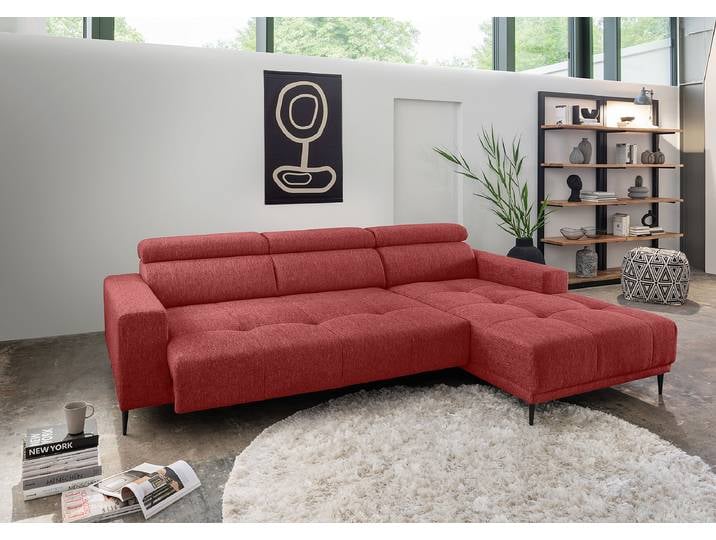 Ecksofa mit Sitztiefenverstellung Rot Webstoff Jimin 276 x 95 x 188cm Longchair davorstehend rechts Modern