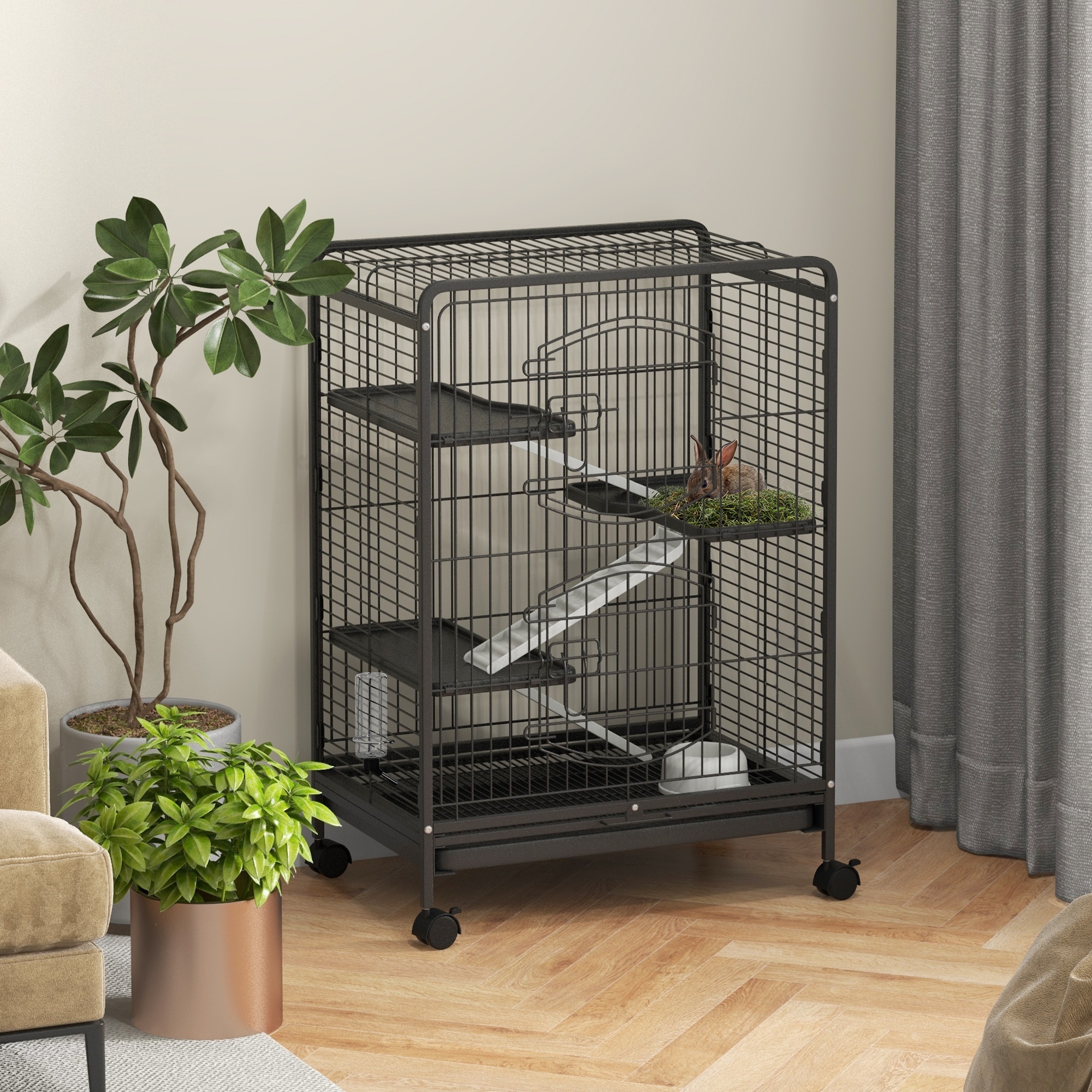 Pawhut Gabbia per Piccoli Animali e Piccoli Roditori con Ruote, 3 Rampe e 3 Piattaforme, Ciotola e Bottiglia, 64x43.5x93cm, Nero Aosom