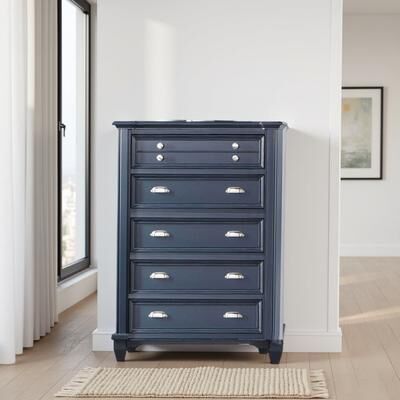 Benjara Zeny Tall Dresser Chest, 5 Drawers, Nickel Handles, Slate Blue Wood