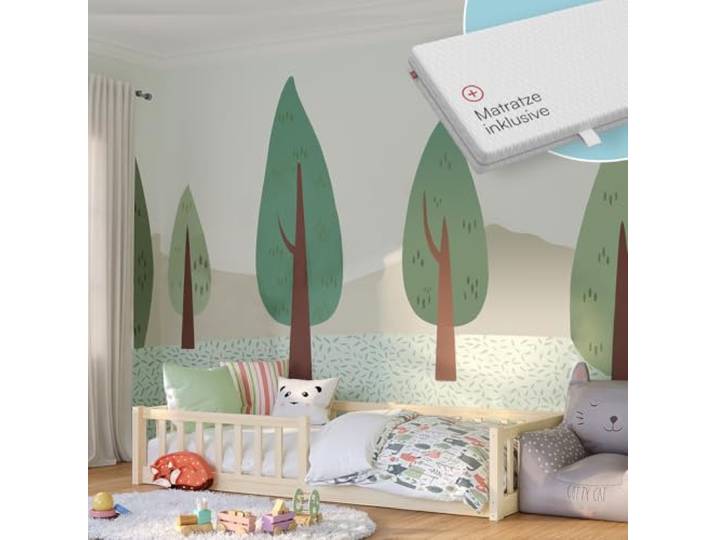 Bellabino Vere Bodenbett 90x200 cm, Massivholz Kiefer, mit Matratze, Natur Montessori Kinderbett mit Rausfallschutz & Lattenrost, Massivholzbett für Jungen & Mädchen aus Holz Kiefer, Kleinkindbett