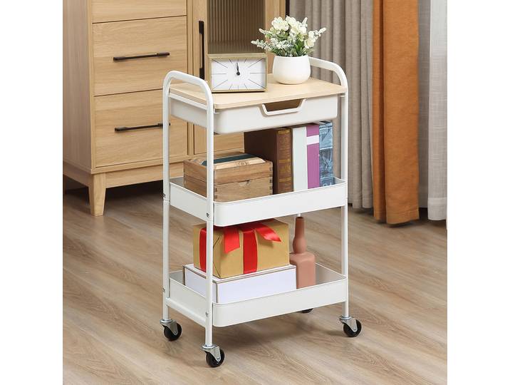 HOMCOM Desserte Cuisine 3 Niveaux Acier Blanc 44x31x76cm
