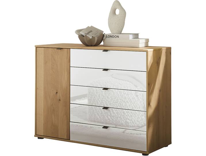 Kombikommode WIEMANN Cardiff Sideboard, Wäscheschrank, teilmassiv Bianco-Eiche, Schubladen , braun, Bianco-Eiche,Front Glas weiss, Eiche, Sideboards, Kombikommode, verschiedenen Ausführungen, inklusive Einlegeboden
