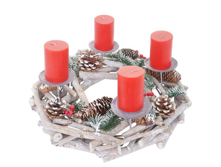 ADVENTSKRANZ RUND HOLZ KERZEN ROT Weiß, Rot