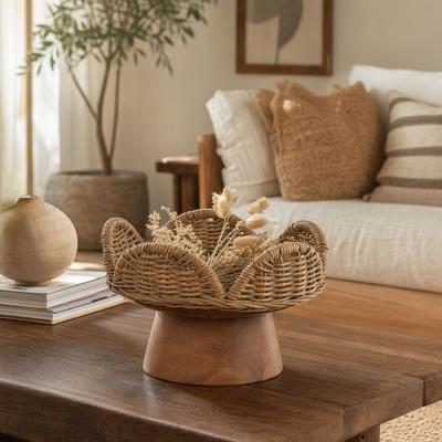 Sagebrook Home "Modern Round Wicker Accent Bowl on Pedestal - 10"", Brown & Tan - 10.0"""