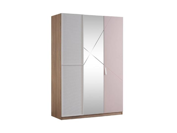 Möbel-Zeit Kleiderschrank CITY 3-türig – Spiegel & LED-Kleiderstange – Holzoptik, Pink & Weiß