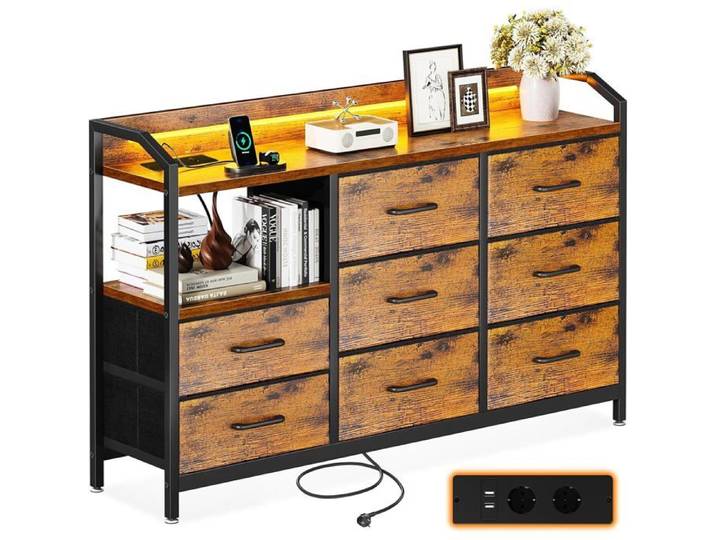 Commode Vintage Chambre Adulte 8 Tiroirs avec Éclairage LED 2 Ports USB et 2 Prises Secteur - Tissu Gris Moderne pour Salon