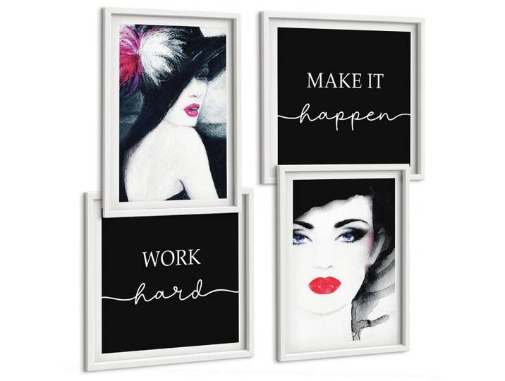 Tulup Bilder SET 4er Set - 50x50 cm & 40x60 cm Weißer Rahmen - Porträts von Frauen mit Lippen, Kunststoff, Rechteckig, 50x50 cm, Fotografie, Bilder & Rahmen, Bilder