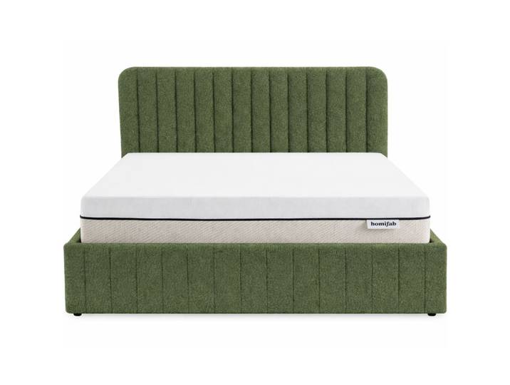 Lit coffre 140x190 tissu bouclé vert + matelas ressorts ensachés