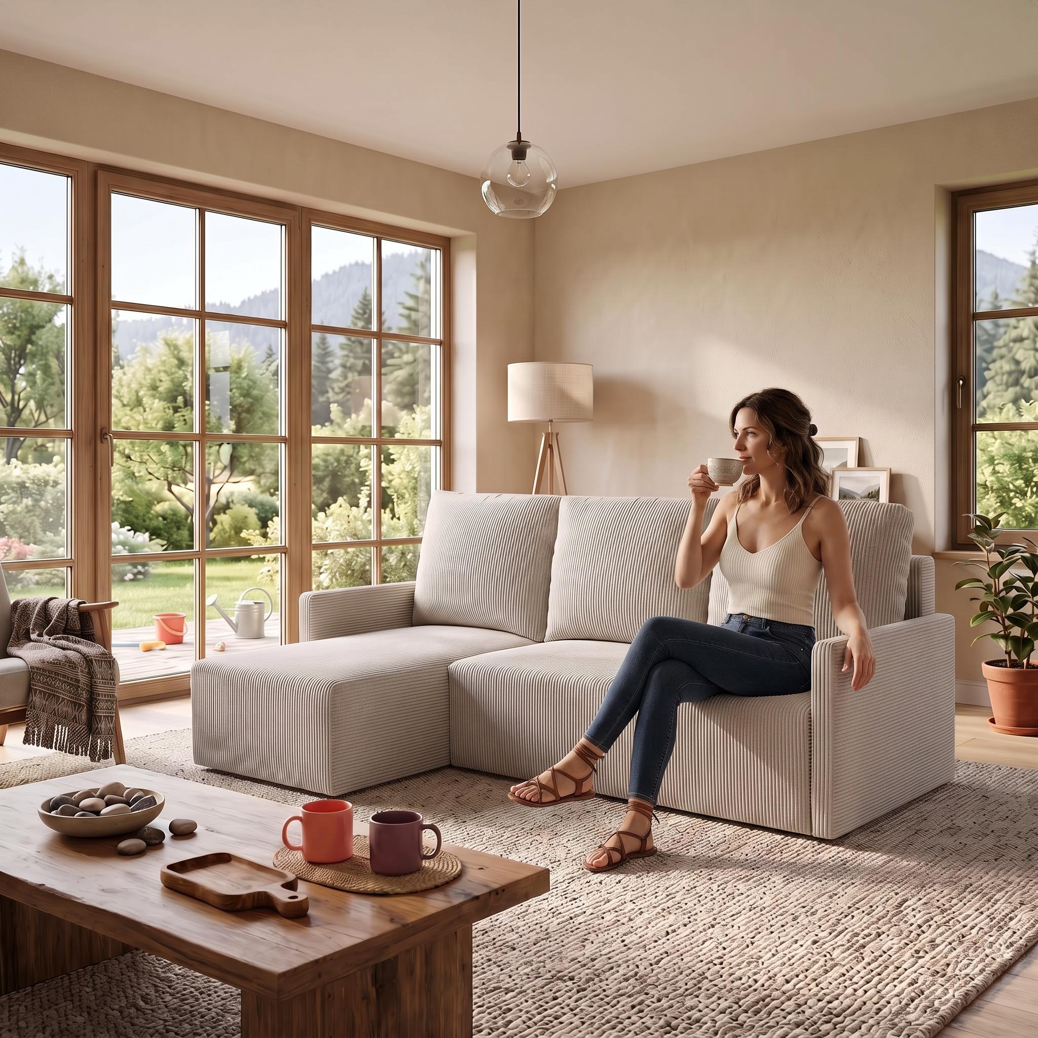 Ecksofa GARDA L universell links/rechts montierbar mit Schlaffunktion 132x198 cm Cord Creme