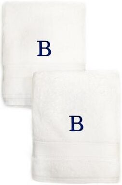 Authentic Hotel and Spa Sweet Kids 2-piece White Turkish Cotton Hand Towels with Royal Blue Monogrammed Initial