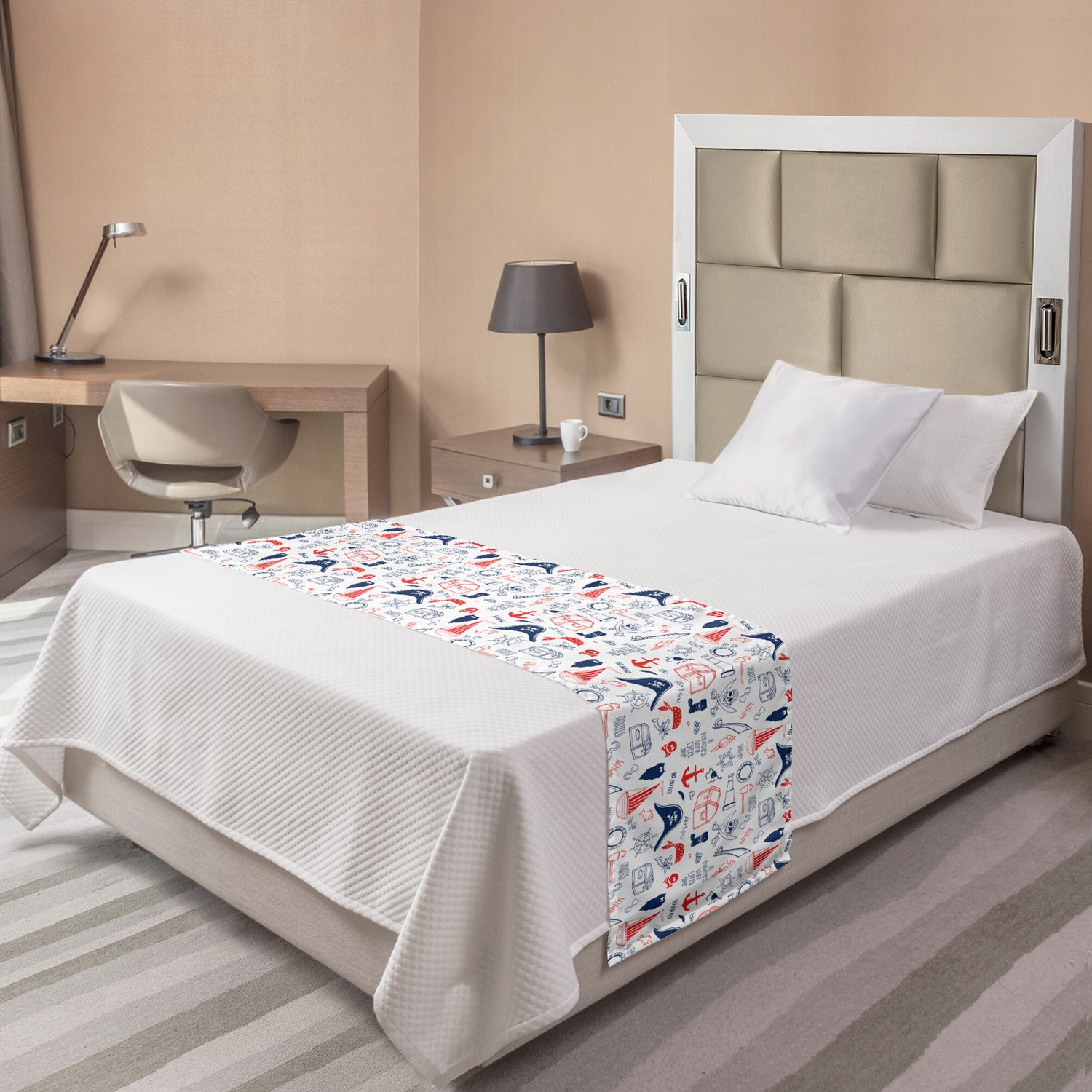 ABAKUHAUS Piraten Bedloper met Handgetekend Zeeavonturiers Patroon, Scharlakenrood, Marineblauw en Wit