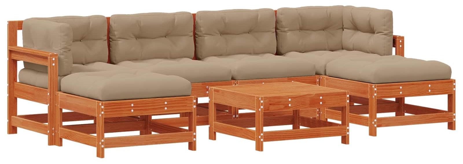 Garten-Loungeset, 7-teilig, braun, aus Kiefernholz - Modulares Eck-Loungeset für den Außenbereich - 7 Sitzplätze - Massivholz - Für Garten und Terrasse