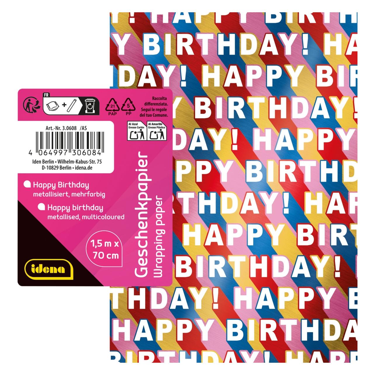 Idena Geschenkpapier Happy Birthday mehrfarbig metallisiert 70cmx150cm (1x) (69094629)