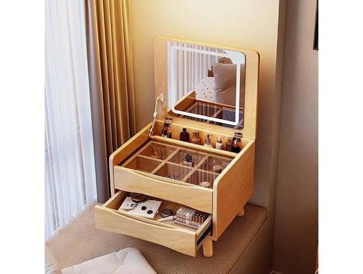 Dalumian Schminktisch mit Erkerfenster, Schminktisch aus Holz Klappspiegel, 3-farbig dimmbar, Schublade und Tischplatte aus Sicherheitsglas, für Mädchen Frauenzimmer(C,60*40*43.2cm)
