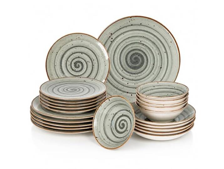 Geschirrset 24-teilig aus Porzellan für 6 Personen Tiefe Suppenteller, Flache Essteller, Dessertteller und Schüsseln Hochwertiges modernes buntes Vintage Tafelservice Kombiservice Grau