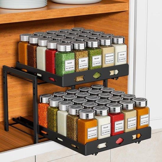 Unyqoos Uittrekbare keukenorganizer – Verstelbare schapoplossing voor kruiden- en aromaflessen met roestvrij oppervlak