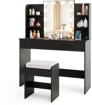 Costway Vanity Set with Lighted Mirror and Stool with Power Outlet-Black