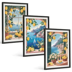 BILDER SET 3er Set - 40x60 cm Schwarzer Rahmen - Meerblick, italienische Zitronen