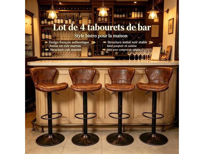PIPIPOXER Lot de 4 Tabourets de Bar Simili-Cuir Marron Vintage Réglable en Hauteur Pivotant 360° Ensemble Chaises Cuisine