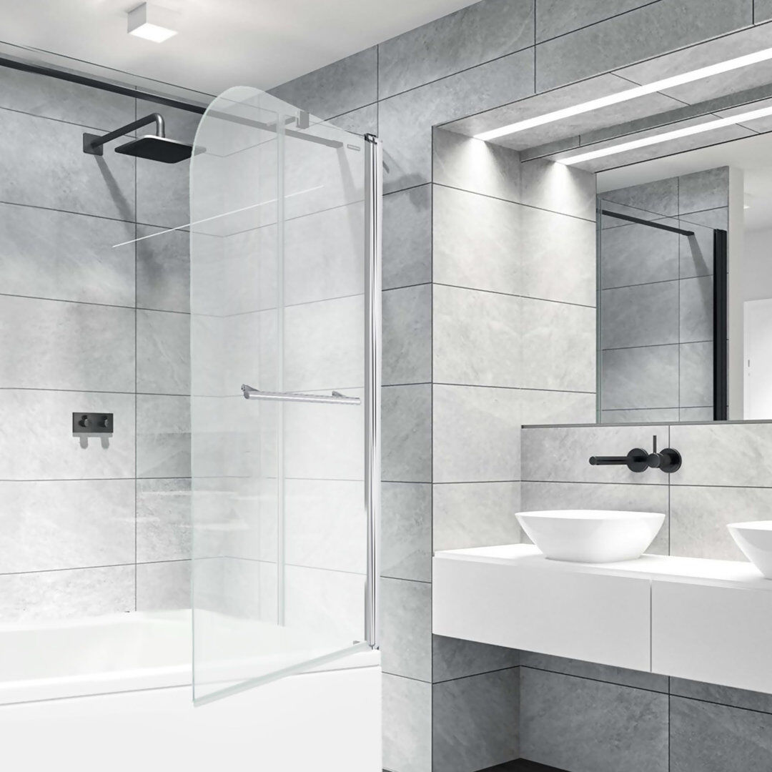 VeeBath Curved Edge Bath Screen with Towel Rail - 1400 x 800mm Chrome 140mm H