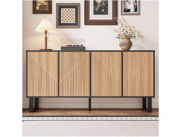 Buffet de Salon VIVRYN - Noir Bois - Façade Rainurée 3D - Structure Métal - MDF - 160 x 38 x 75 cm