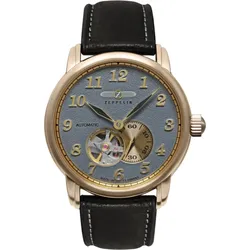Zeppelin Herrenuhr 76645 - Graues Ziffernblatt mit goldfarbenen Zahlen/Indices,schwarz,weiße Naht - 40mm